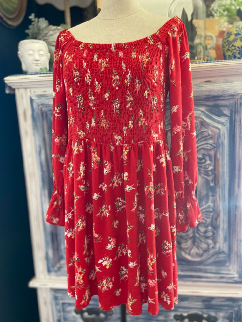 Blue Sky Linen Red Off the Shoulder Mini Dress Cottagecore Pockets NWOT Smocked